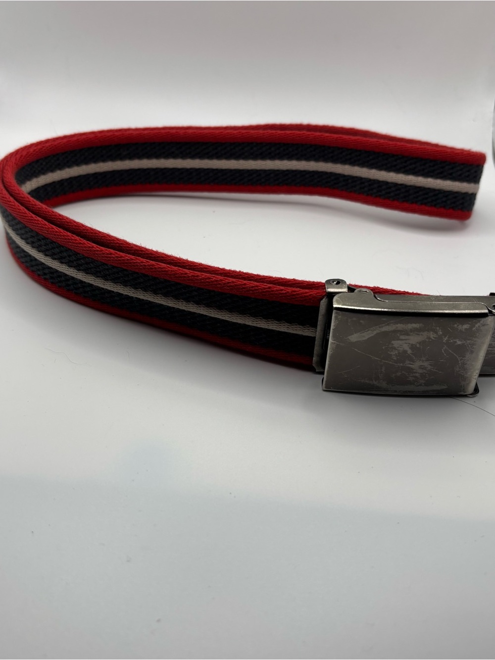 Vintage navy, red, and white striped web belt with metal gunmetal buckle - Picture 2 of 4